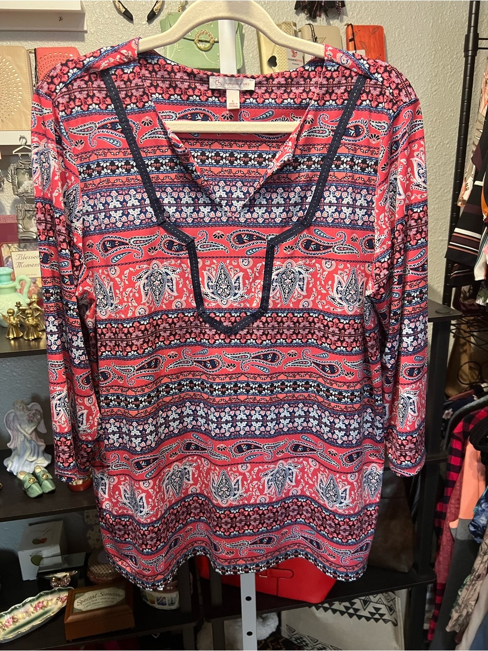 Dress Barn Pink and Navy Paisley V-Neck Blouse